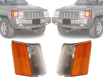 Set Of 2 Front Corner Light Lens And Housing Left Driver & Right Passenger Side Direct Replacement Compatible With 1993-1998 Jeep Grand Cherokee CH2521121 CH2520121 56005104 56005105