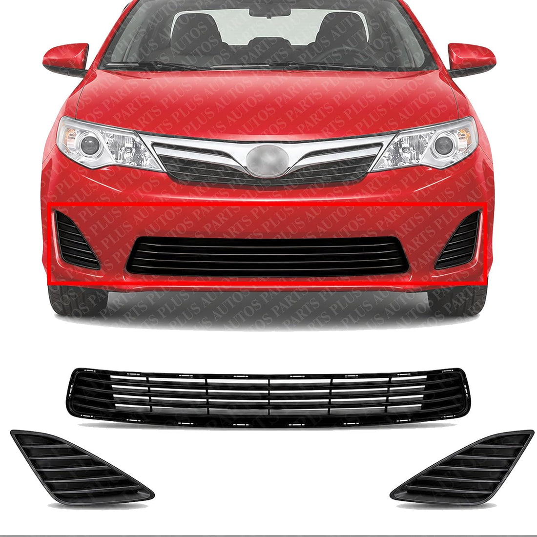 Front Bumper Grille Textured + Fog Light Covers Left Driver & Right Passenger Side Direct Replacement Compatible With 2012-2014 Toyota Camry TO1036128 TO1039147 TO1038147 5311206200
