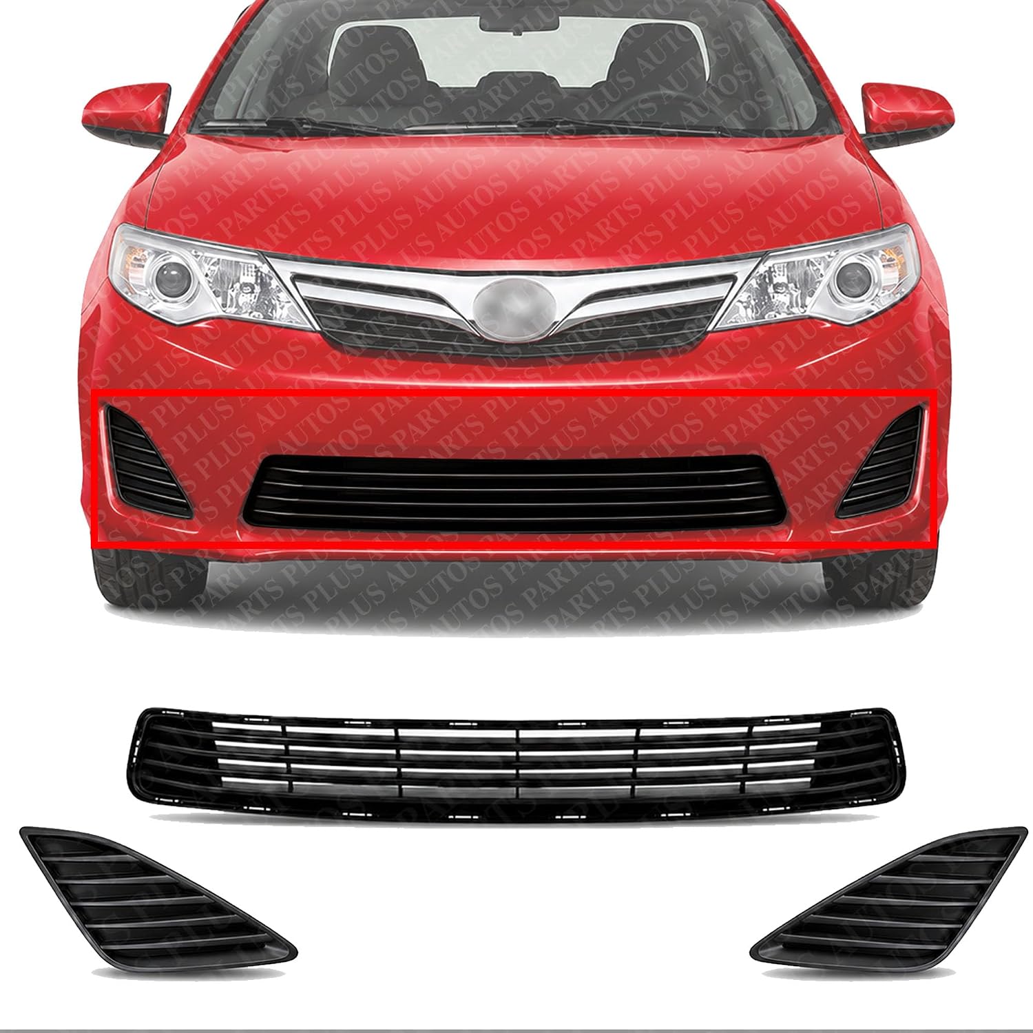 Front Bumper Grille Textured + Fog Light Covers Left Driver & Right Passenger Side Direct Replacement Compatible With 2012-2014 Toyota Camry TO1036128 TO1039147 TO1038147 5311206200