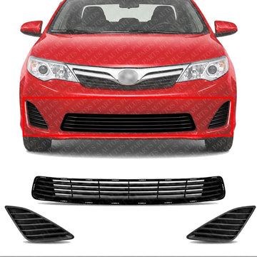 Front Bumper Grille Textured + Fog Light Covers Left Driver & Right Passenger Side Direct Replacement Compatible With 2012-2014 Toyota Camry TO1036128 TO1039147 TO1038147 5311206200