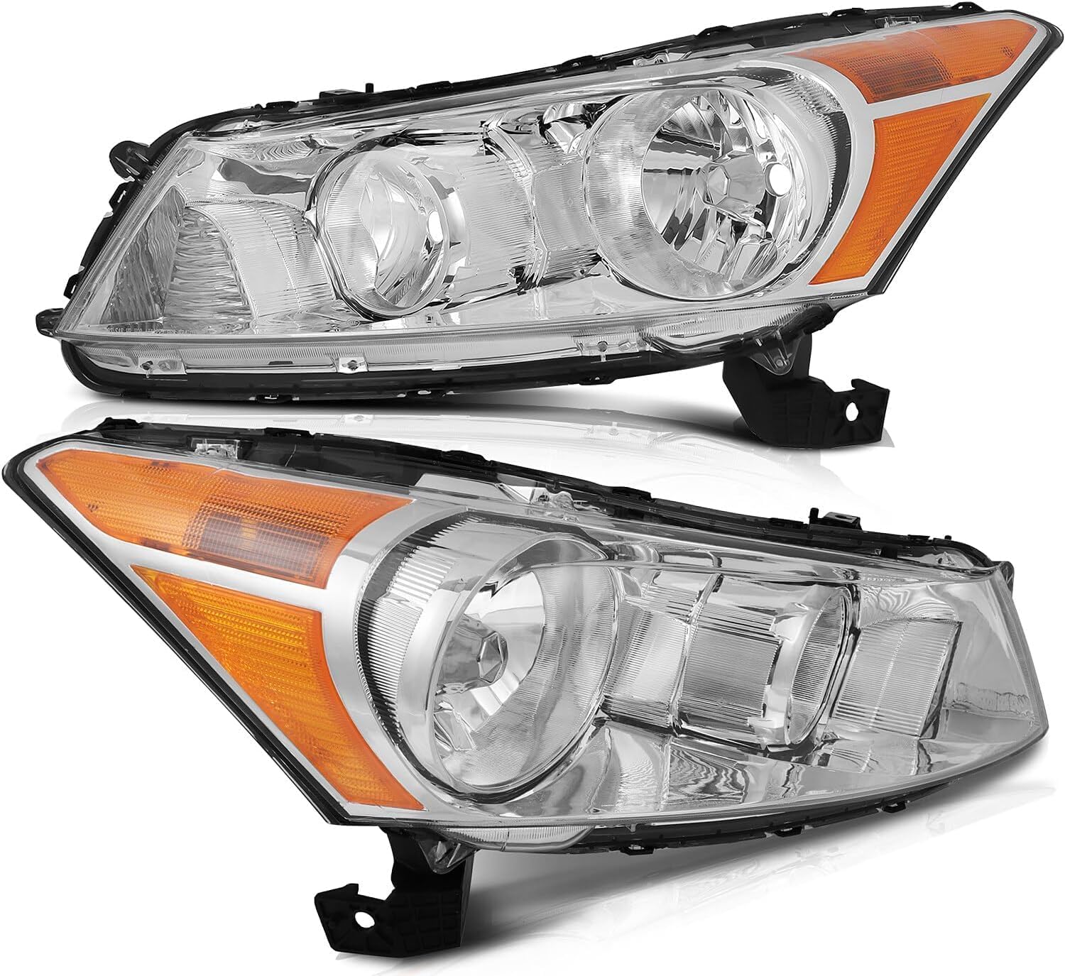 Front Bumper Cover Primed + Grille Shell & Insert With Chrome Molding + Head Lights Left Driver And Right Passenger Side Direct Replacement Compatible With 2008-2010 Honda Accord