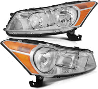 Front Bumper Cover Primed + Grille Shell & Insert With Chrome Molding + Head Lights Left Driver And Right Passenger Side Direct Replacement Compatible With 2008-2010 Honda Accord
