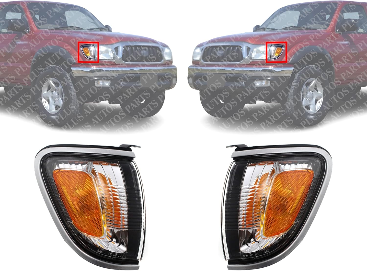 Set Of 2 Front Corner Light Assembly Chrome Trim Left Driver & Right Passenger Side Direct Replacement Compatible With 2001-2004 Toyota Tacoma TO2521162 TO2520162 8161004090B0