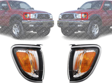 Set Of 2 Front Corner Light Assembly Chrome Trim Left Driver & Right Passenger Side Direct Replacement Compatible With 2001-2004 Toyota Tacoma TO2521162 TO2520162 8161004090B0